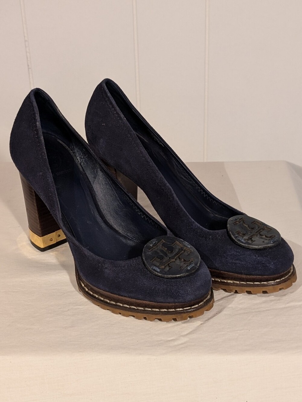 Tory Burch Navy Suede Block Heel Pumps